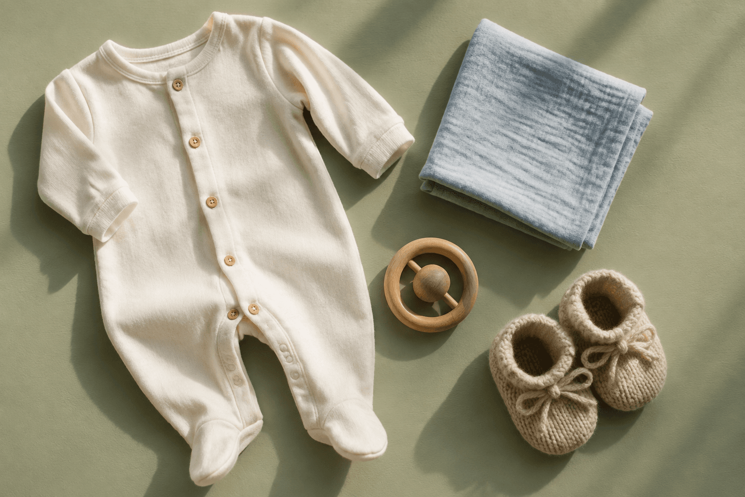 A cotton sleepsuit, knitted booties and a wooden rattle on a sage table