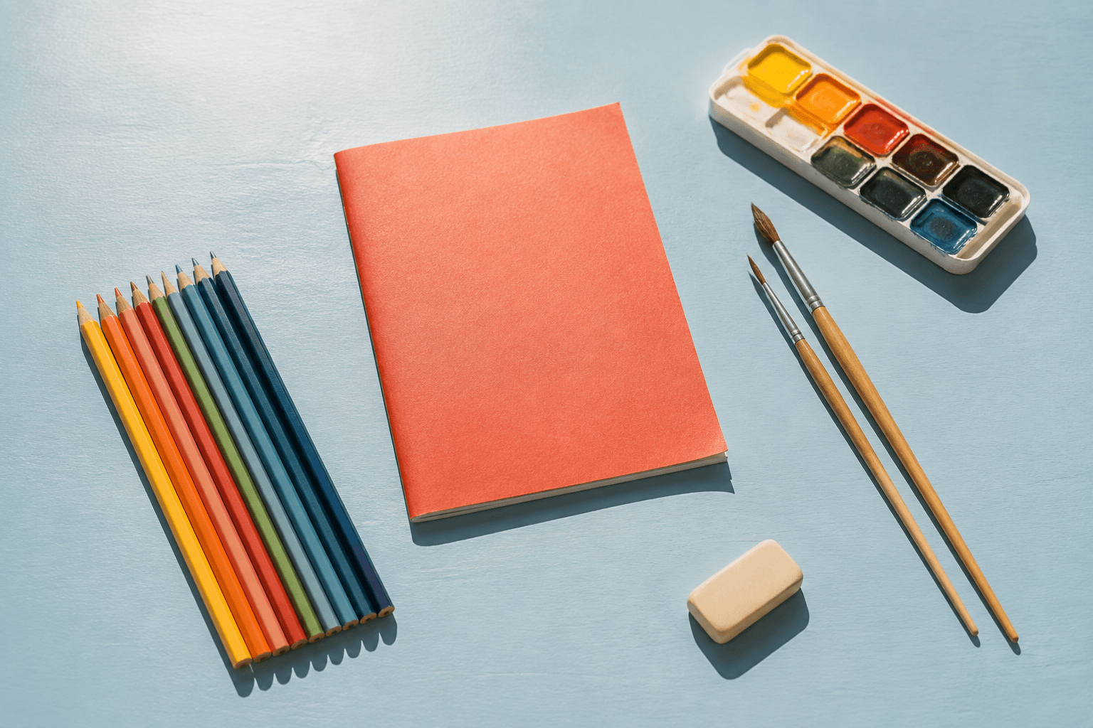 Colored pencils, a notebook and watercolors on a pale blue table